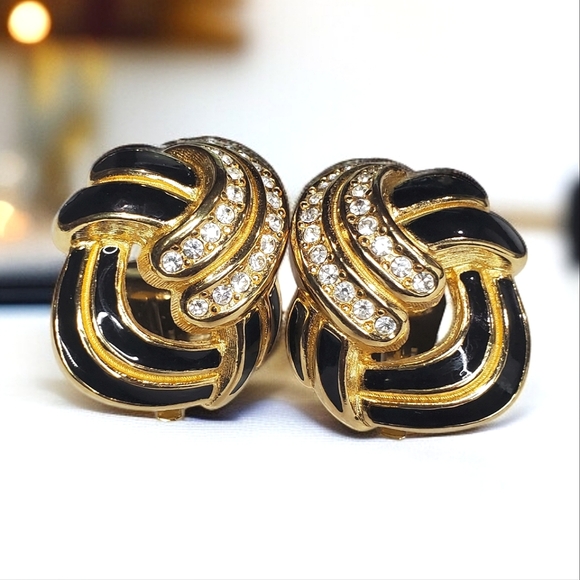 Dior Jewelry - DIOR Vintage Oversized Black Enamel & Crystal Clip-on Earrings